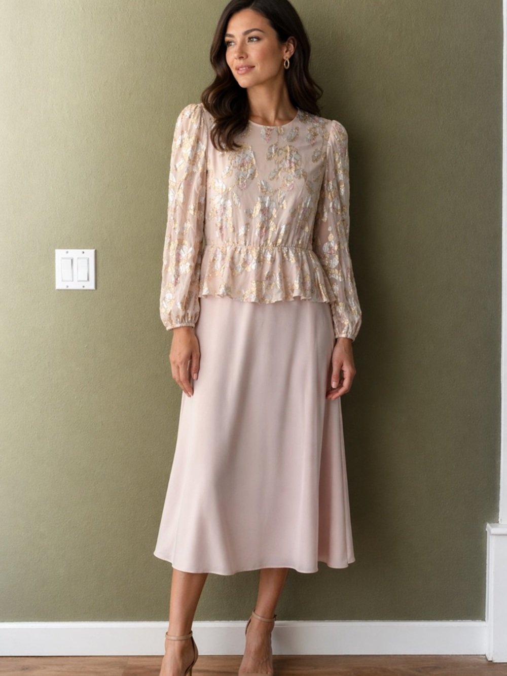 PATRA beautiful metallic sheer pink midi dress sizeL Fariy